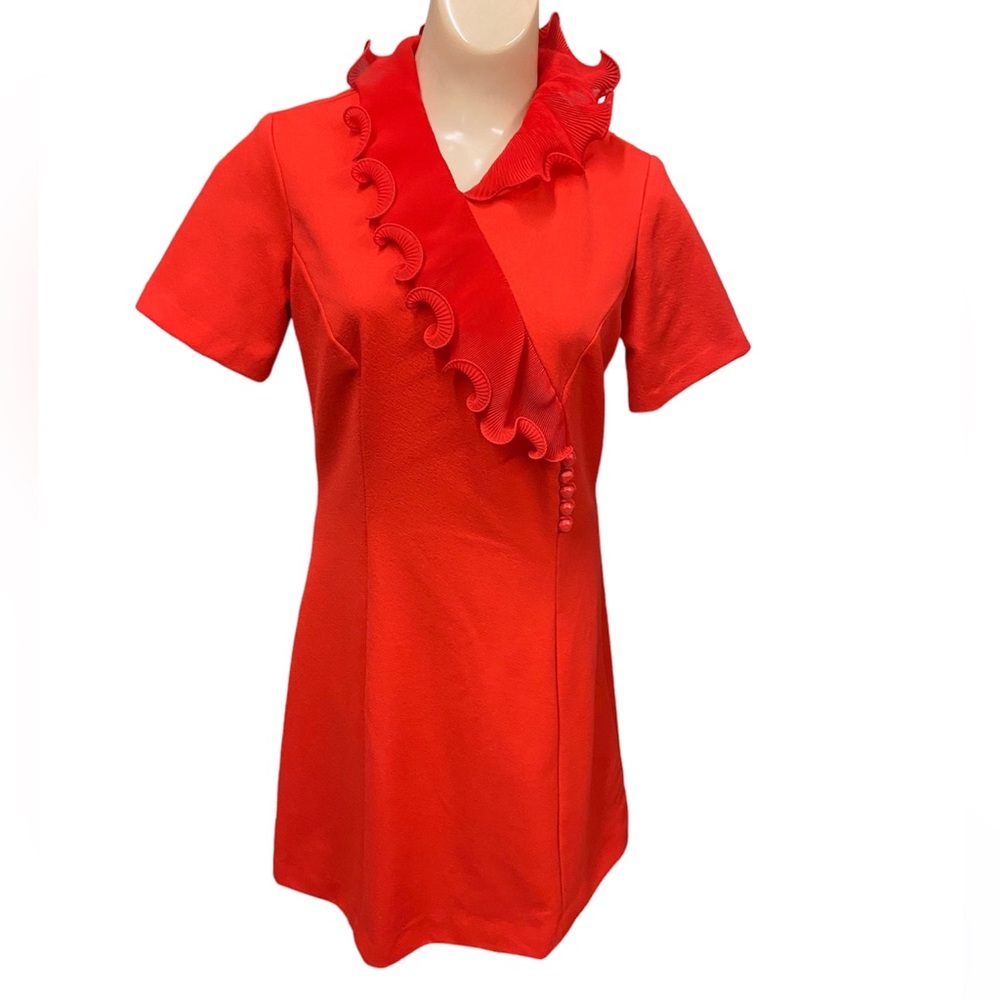 Vintage Toni Todd Dress Orange Short Sleeve Ruffle Mod Made in USA Size 10